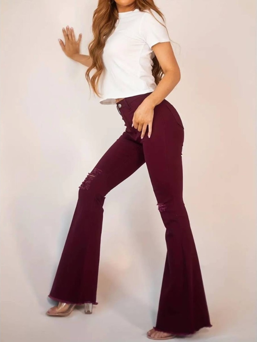 Burgundy Distressed Bell Bottom Jeans – Stretch Mid Rise Flare Pants Y2K 70s